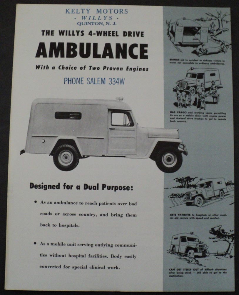 1954 Willys Jeep 4 Wheel Drive 4 or 6 Cylinder Ambulance Sales Brochure Overland