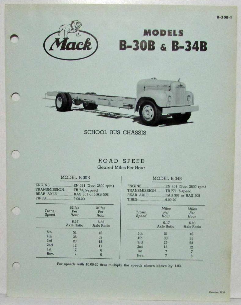 1960 Mack Truck School Bus Chassis Models B30B & B34B Spec Sheet