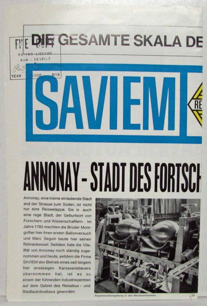 1965 Saviem Bus by Renault Sales Sheet from Frankfurt Auto Show - German Text