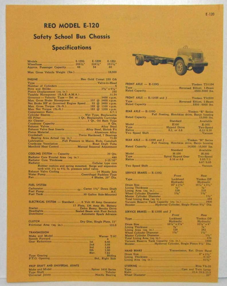 1951 REO E-120 Safety School Bus Chassis Spec Sheet