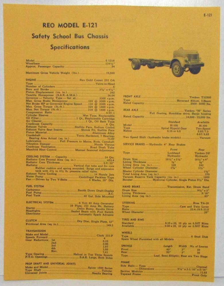 1951 REO E-121 Safety School Bus Chassis Spec Sheet