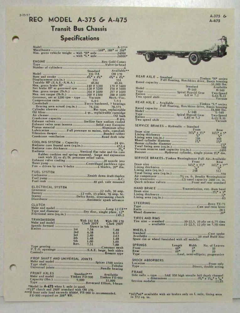 1957 REO A-375 & A-475 Transit Bus Chassis Spec Sheet