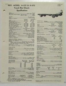 1957 REO A-375 & A-475 Transit Bus Chassis Spec Sheet