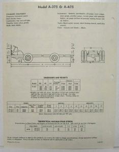 1957 REO A-375 & A-475 Transit Bus Chassis Spec Sheet