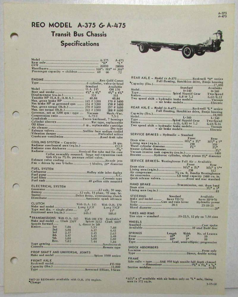 1960 REO A-375 & A-475 Transit Bus Chassis Spec Sheet