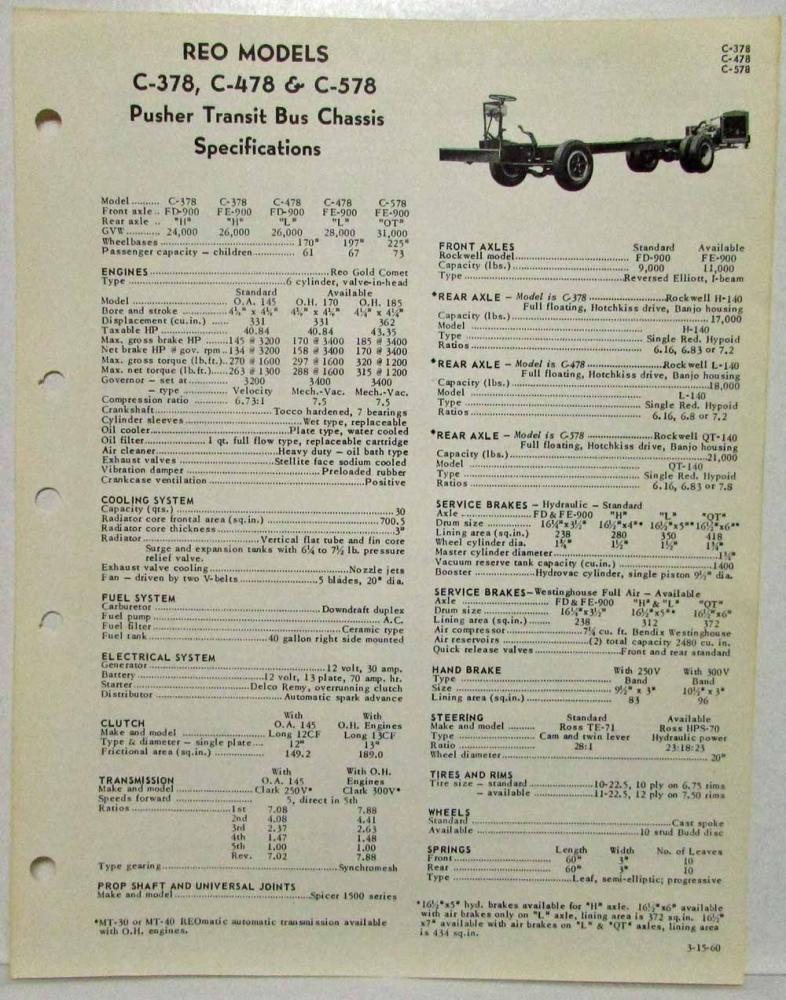 1960 REO C-378 C-478 & C-578 Pusher Transit Bus Chassis Spec Sheet