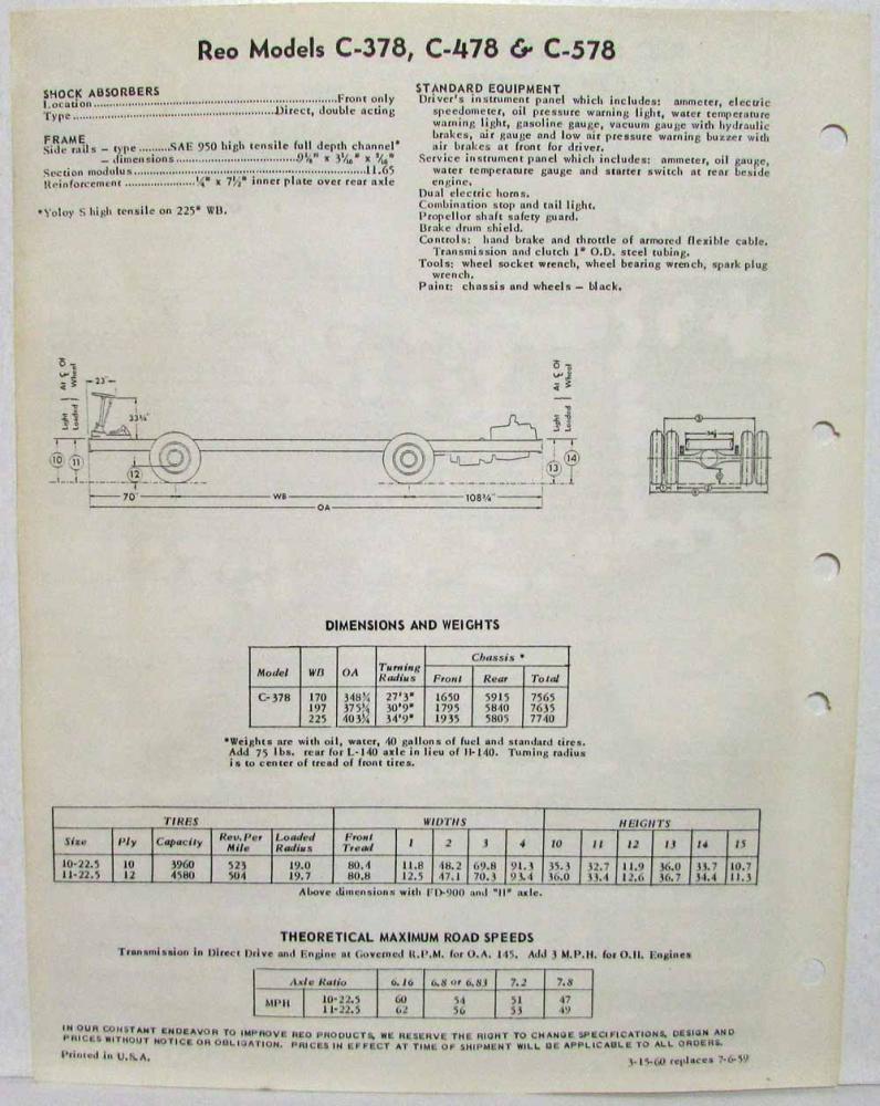 1960 REO C-378 C-478 & C-578 Pusher Transit Bus Chassis Spec Sheet