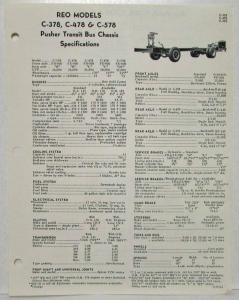 1961 REO C-378 C-478 C-578 & D-478 D-678 Pusher Transit Bus Chassis Spec Sheets