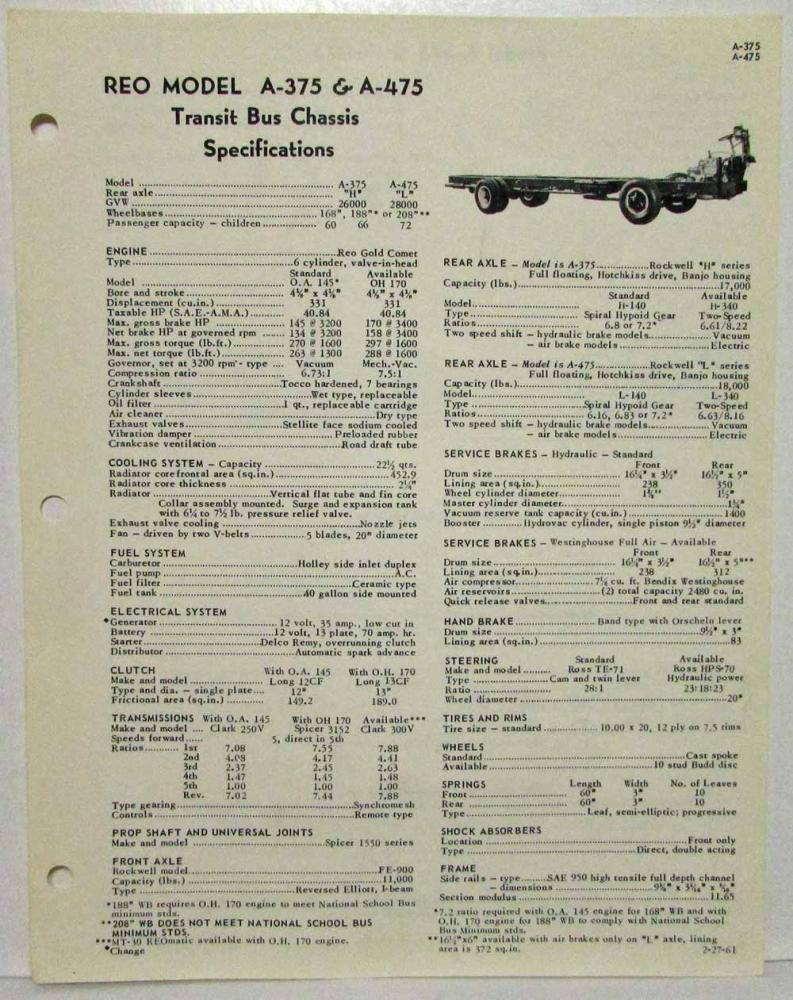 1961 REO A-375 & A-475 Transit Bus Chassis Spec Sheet