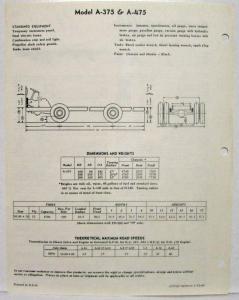 1961 REO A-375 & A-475 Transit Bus Chassis Spec Sheet