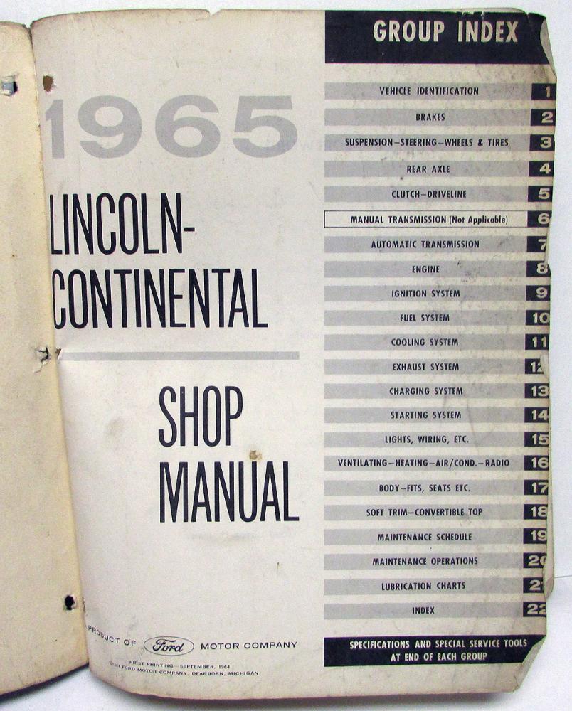 1965 Lincoln Continental Dealer Service Shop Manual Repair Instructions Original