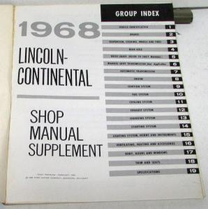 1968 Lincoln Continental Dealer Service Shop Manual Repair Supplement