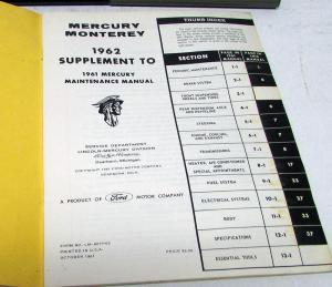 1962 Mercury Monterey Dealer Service Shop Manual Repair Supplement Original