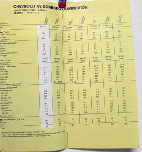 1978 Chevrolet  Vs Domestic & Foreign Makes Specification Guide Dealer Only Item
