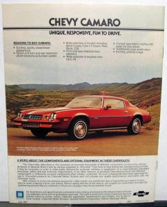1978 Chevrolet Camaro Z28 Sport Rally Type LT Color Sales Brochure Original
