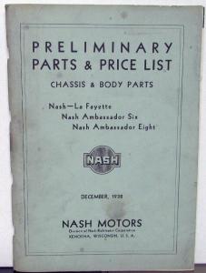 1939 Nash Dealer Preliminary Chassis & Body Parts List Book LaFayette Ambassador