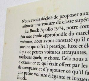 1974 Buick Apollo Sales Brochure - Canadian - French Text