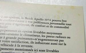 1974 Buick Apollo Sales Brochure - Canadian - French Text