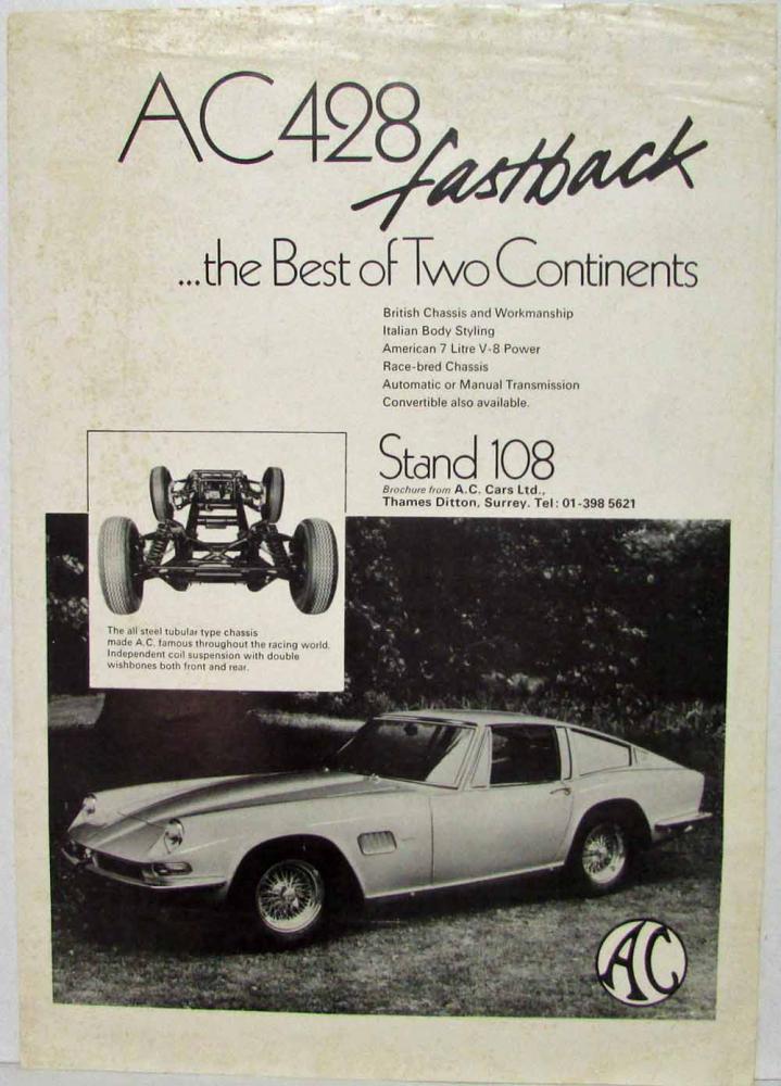 1965-1973 AC 428 Fastback Best of 2 Continents Auto Show Sales Sheet - UK Market