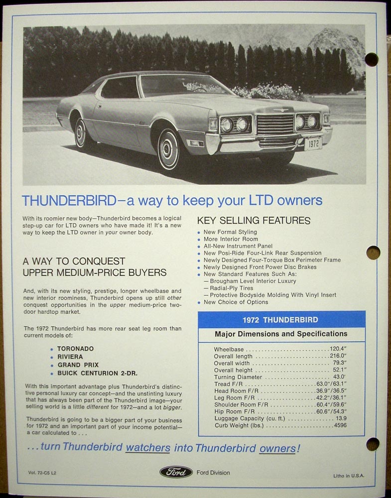 Original 1972 Ford Thunderbird Dealer Salesman Info Sales Brochure