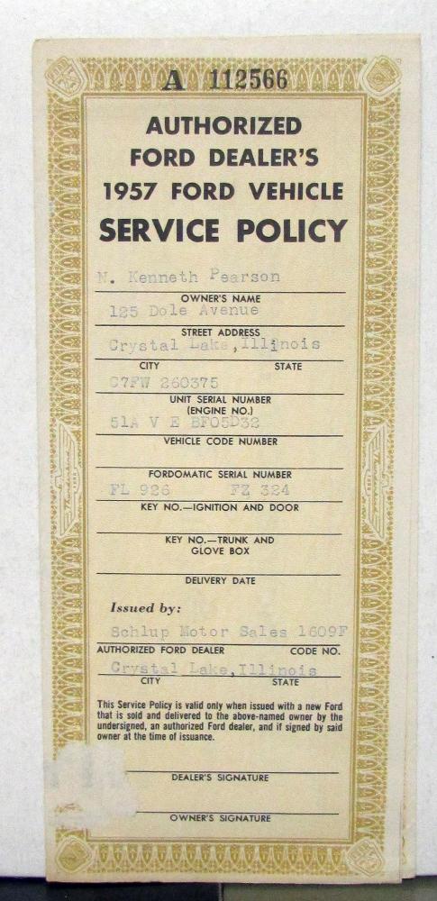 1957 Ford Service Policy Issued To A Customer