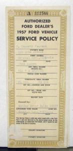 1957 Ford Service Policy Issued To A Customer