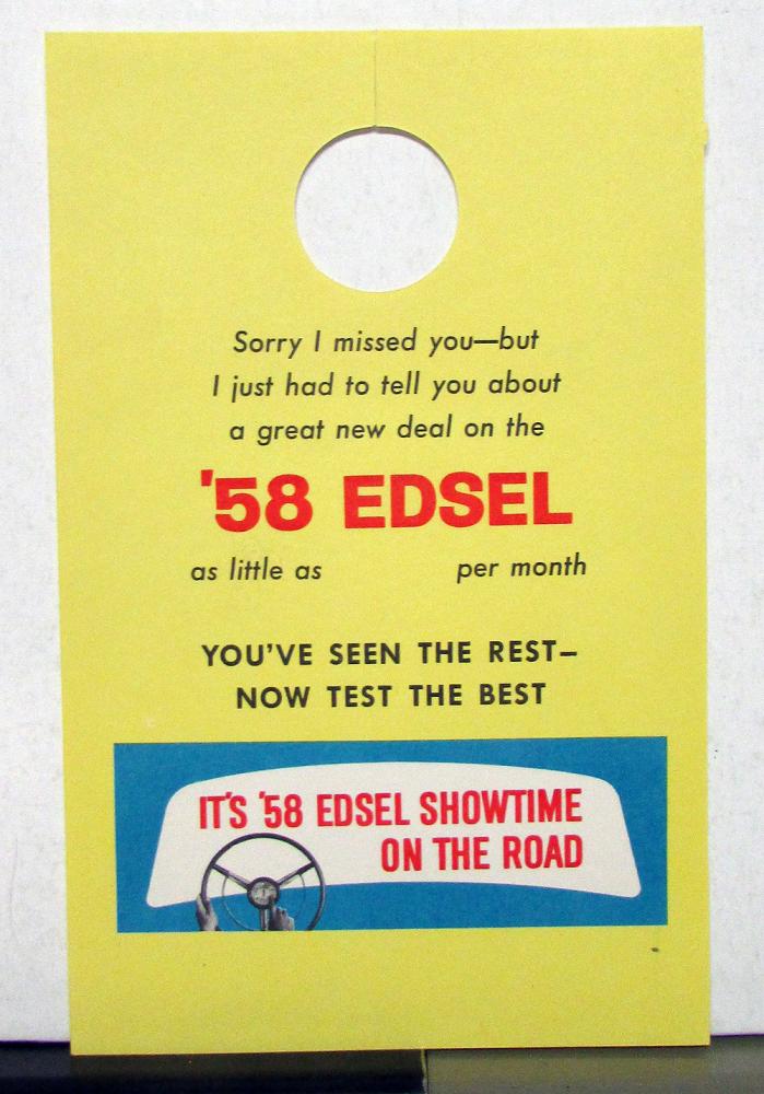 1958 Ford Edsel Door Knob Hang Tag Sales Card