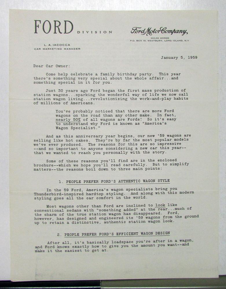 1959 Ford Station Wagon Letter To Customers From L A Iacocca