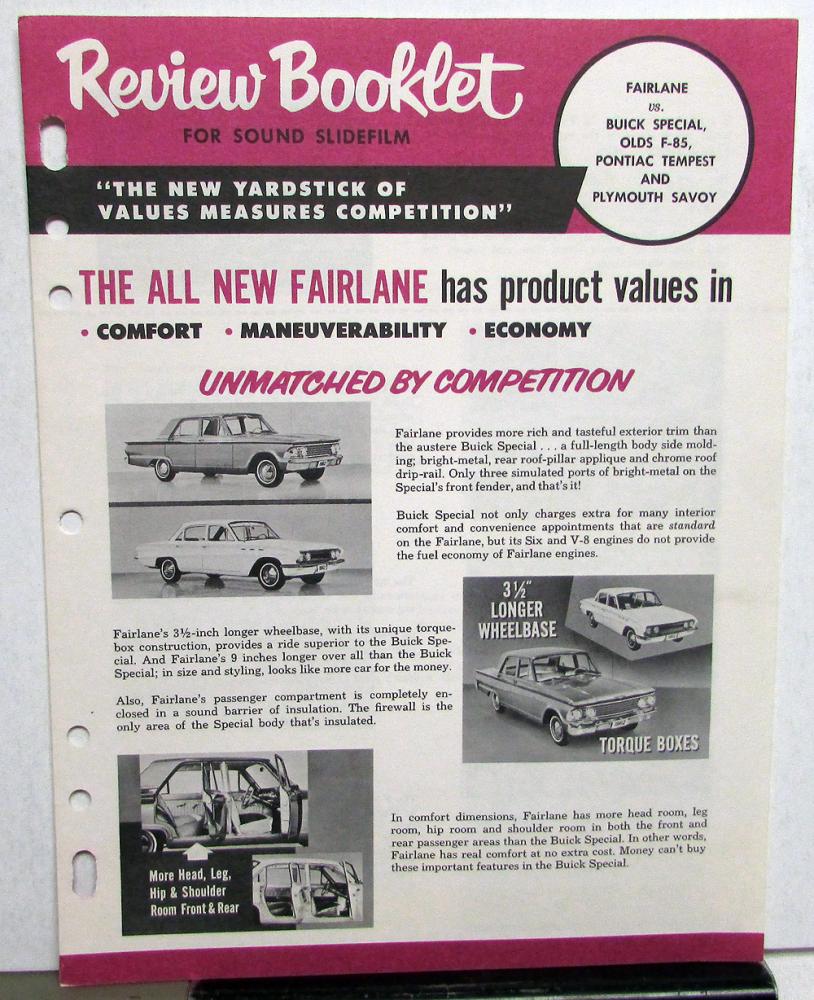 1962 Ford Fairlane Compared to Buick Olds F-85 Tempest Savoy Review Booklet
