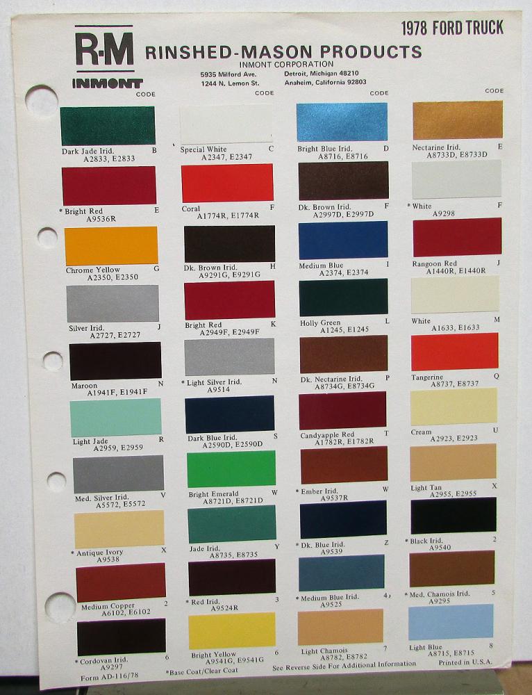 1978 Ford Bronco Van Pickup Truck Commercial Color Paint Chips by RM