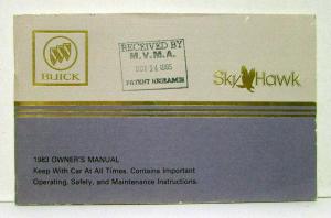 1983 Buick Skyhawk Owners Operators Manual Original