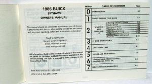 1986 Buick Skyhawk Owners Operators Manual Original
