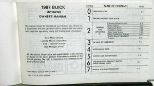 1987 Buick Skyhawk Owners Operators Manual Original