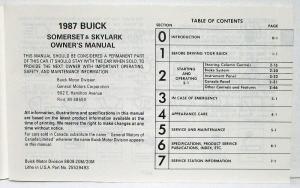 1987 Buick Skylark & Somerset Owners Operators Manual Original