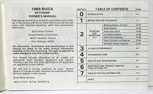 1989 Buick Skyhawk Owners Operators Manual Original