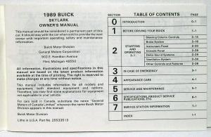 1989 Buick Skylark Owners Operators Manual Original