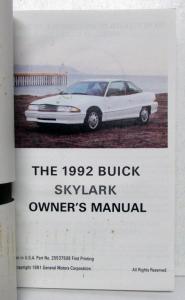 1992 Buick Skylark Owners Operators Manual Original
