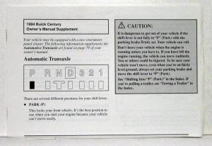 1994 Buick Century Operators Owners Manual Original