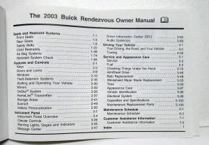 2003 Buick Rendezvous Owners Operators Manual Original