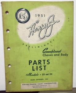 1951 Kaiser Frazer Henry J Dealer Preliminary Parts List Models 513 514