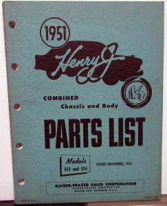 1951 Kaiser Frazer Dealer Parts List Book Nov 51 Chassis & Body 513 514