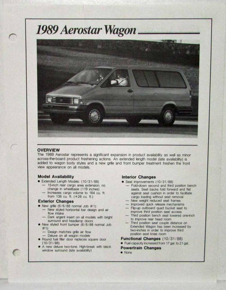 1989 Ford Aerostar Wagon Sales Data Sheets
