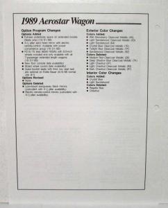 1989 Ford Aerostar Wagon Sales Data Sheets