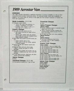 1989 Ford Aerostar Wagon Sales Data Sheets