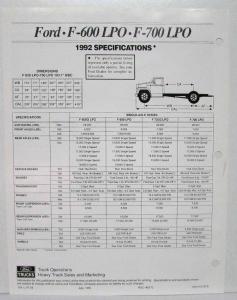 1992 Ford Workforce F-Series Low Profile Option F-600 and F-700 LPO Spec Sheet