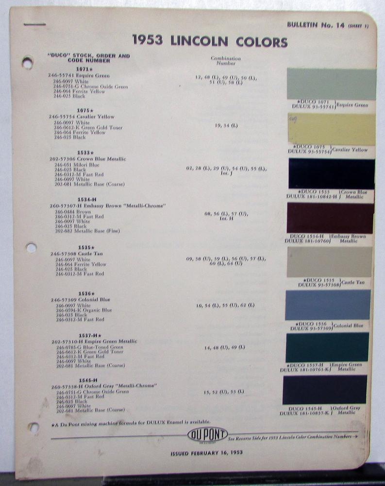 1953 Lincoln Dupont Paint Chips Colors Original Bulletin No 14