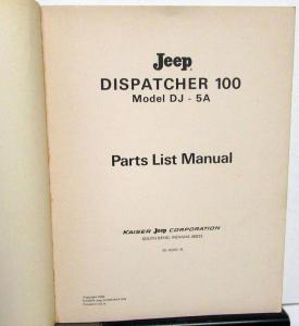 1969 Jeep Dealer Parts List Book Dispatcher 100 Model DJ-5A Mail Delivery