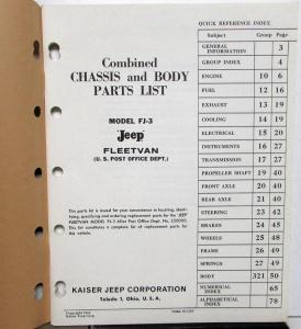 1963 Jeep Dealer Chassis & Body Parts List Book FJ-3 US Post Office Fleetvan