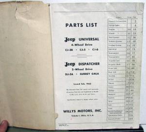 1953-62 Jeep Dealer Parts List Book Universal & Dispatcher CJ-3B CJ-5 CJ-6 DJ-3A