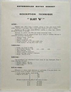 1965-1967 Matra Bonnet DJet V Spec Sheet - French Text